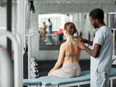 Terapeuta de rehabilitación poniendo cinta kinesio en la espalda y el hombro de una mujer joven en una sesión de fisioterapia